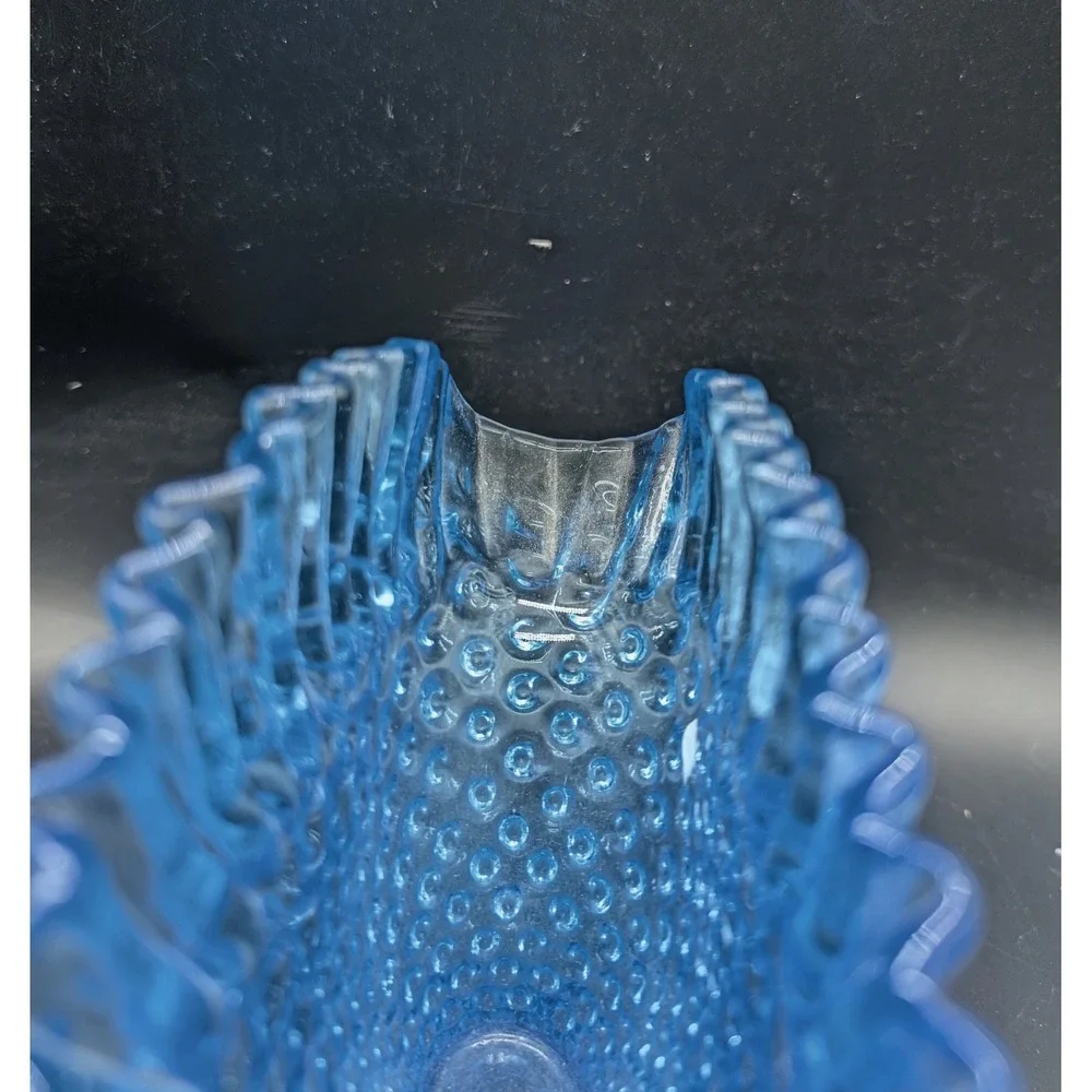 Vintage Empoli Italian Blue Hobnail Glass Fan Vase Ruffled Rim Pedestal 7